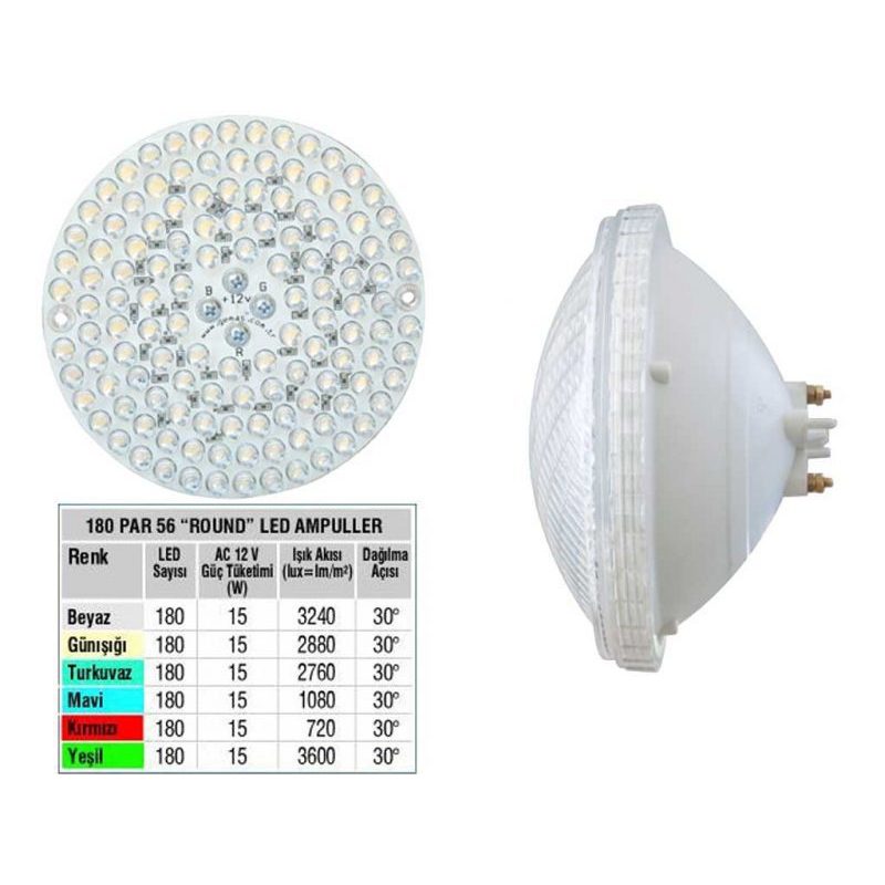 Лампа PAR56, LED Single Color 180, 15 Вт, 12 В, 30°, белый
