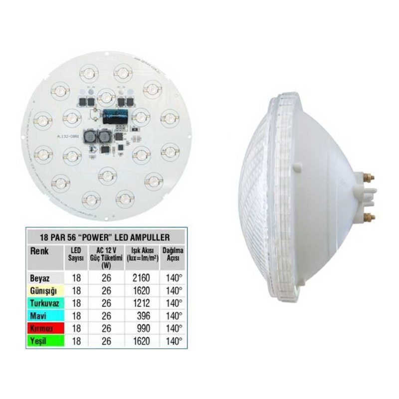 Лампа PAR56, LED Single Color 18, 26 Вт, 12 В, 140°, белый