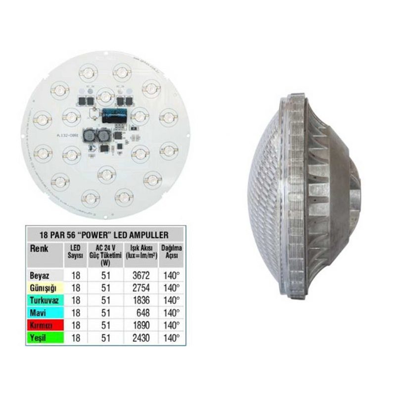 Лампа PAR56, LED Single Color 18, 51 Вт, 24 В, 140°, дневной