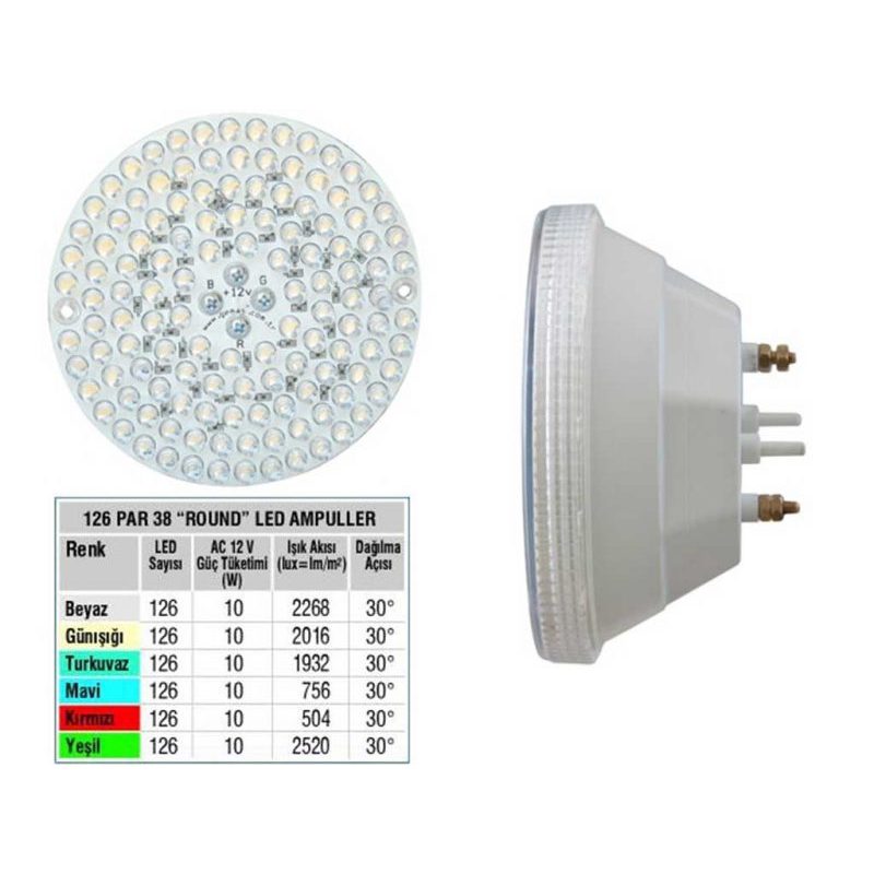 Лампа PAR38, LED Single Color 126, 10 Вт, 12 В, 30°, бирюзовый