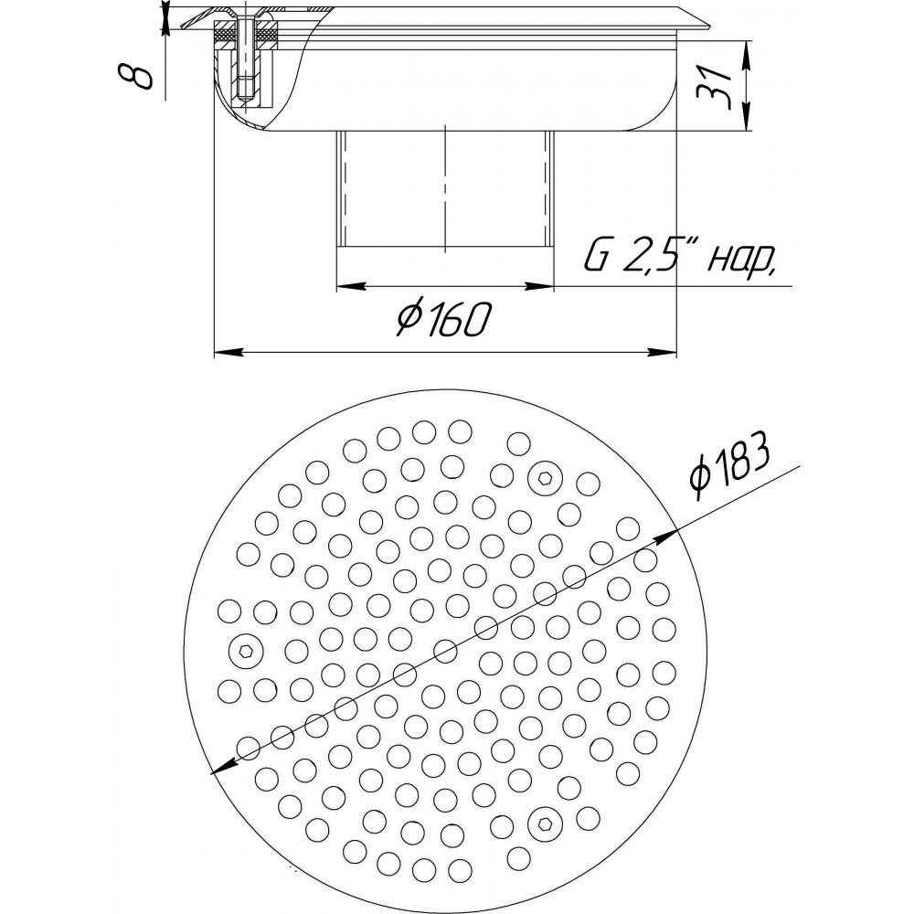 Водозабор с сетчатой крышкой Ø160х100 (наружн. 2,5") универсальный (AISI 316)