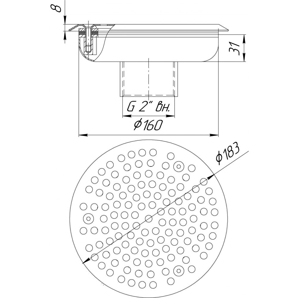 Водозабор с сетчатой крышкой Ø160 (внутр. 2") универсальный (AISI 304)