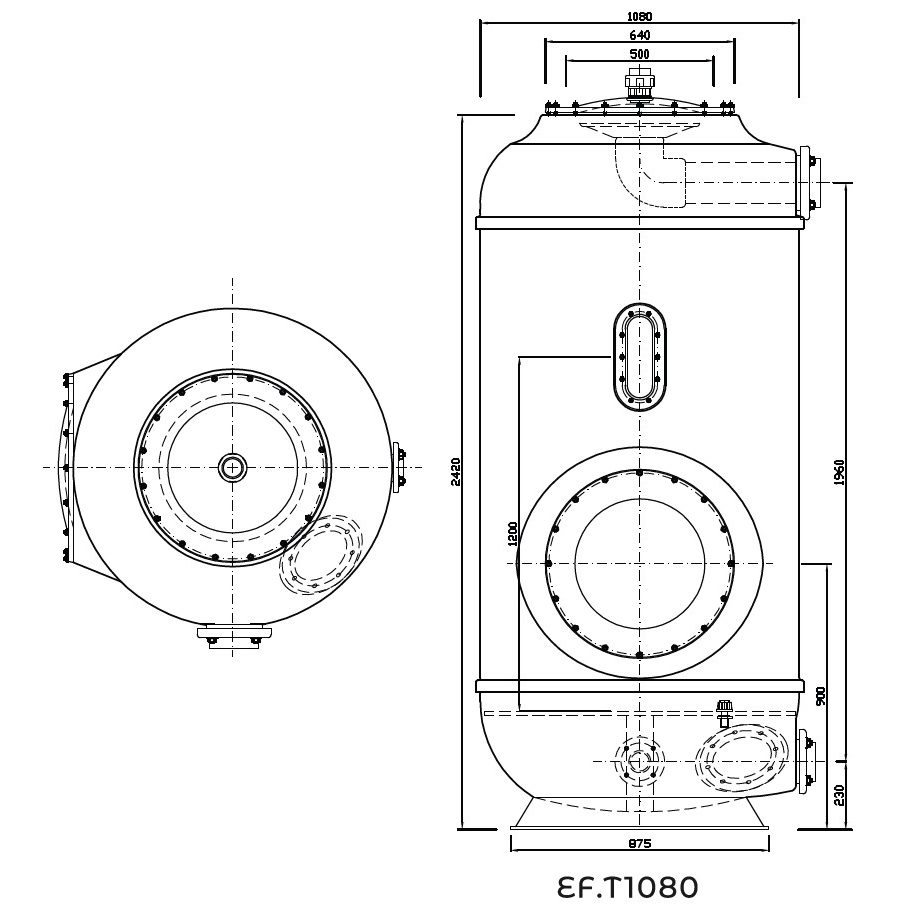 Фильтр Evo Titan, d=1080 мм, DN100, засыпка - 1500 мм, H = 2500 мм, дюзовое дно, без кл.