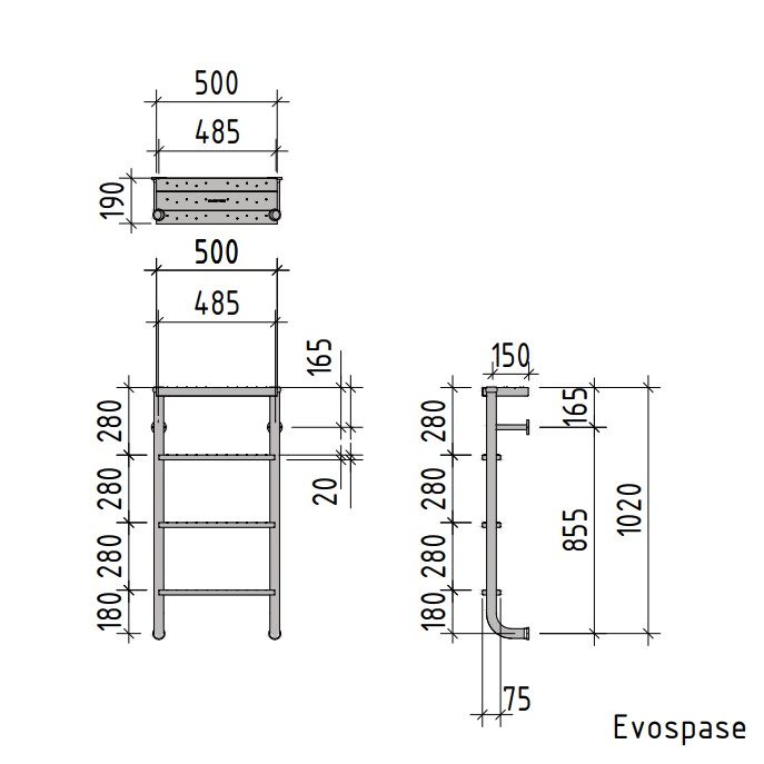 Лестница двухсоставная Evo Step Split, цельносварная, 4 ступени, в компл. с поручнями, AISI 304