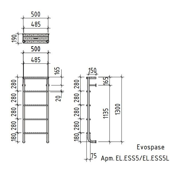 Лестница двухсоставная Evo Step Split, цельносварная, 5 ступеней, в компл. с поручнями, AISI 304