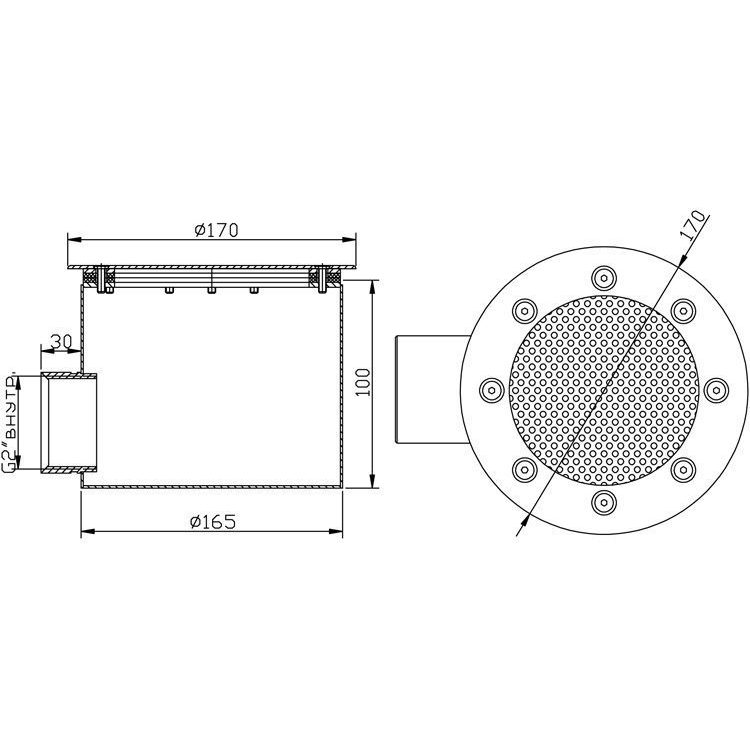 Слив донный круглый сетчатый, д.165х100 2" (внутр.)(плитка) AISI-316