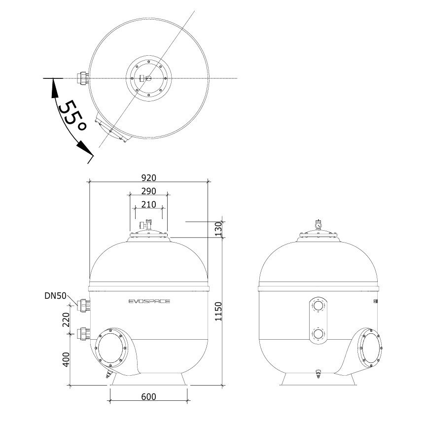 Фильтр Evo Cosmo Pro, d= 920 мм, DN50, засыпка - 600 мм, H = 1150 мм, звезда, серв. окно, без кл.