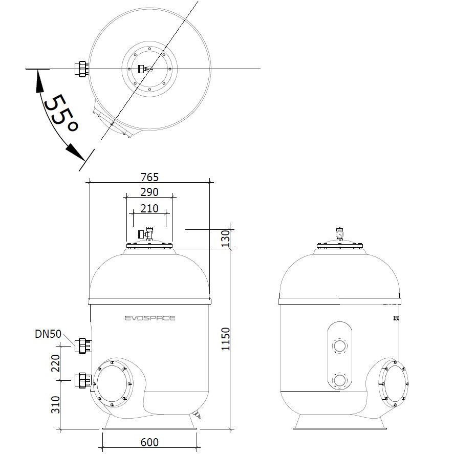 Фильтр Evo Cosmo Pro, d= 765 мм, DN50, засыпка - 600 мм, H = 1150 мм, звезда, серв. окно, без кл.