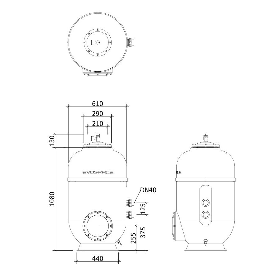 Фильтр Evo Cosmo Pro, d= 610 мм, DN40, засыпка - 600 мм, H = 1080 мм, звезда, серв. окно, без кл.