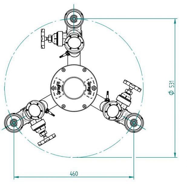 Форсунки фонтана SpringFit Гейзер 20 тройная с RGB Power LED прожекторами, 2½", Ø 3 x 24 мм, бронза