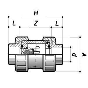 Обратный клапан ПВХ  d=16, без пружины (воздушный), (тип FVD10, FPM, PTFE) PN16 COMER
