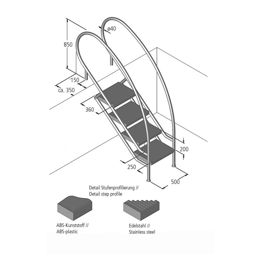 Лестница MIAMI SWING 08.1, 4-ступени, ступень нерж. сталь 500х360 мм (без монт. к-та), AISI 316
