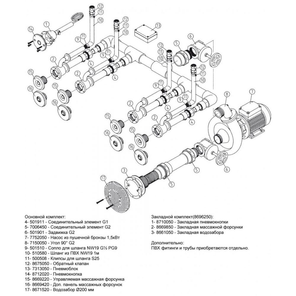 Основной компл. системы г/м "Standard",4 форсунки, для плит.басс., насос - 1,5 кВт, 230 В, 50 Гц,BRZ