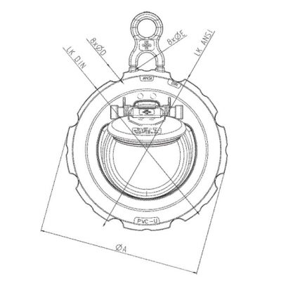 Обратный клапан ПВХ d90-3" PN10, подпруж. хлопушка K6 чертеж, схема Allpools