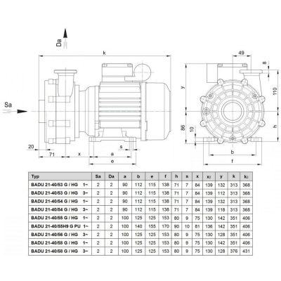 Насос BADU 21-40/54 G, 1~ 230 В, 1,10/0,75 кВт чертеж, схема Allpools