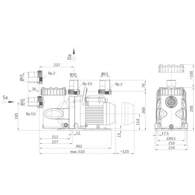 Насос BADU SuperPro 27, 3~, 1,65/1,3 кВт чертеж, схема Allpools
