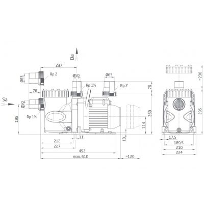 Насос BADU SuperPro 23, 1~, 1,45/1,00 кВт чертеж, схема Allpools