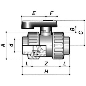 Кран шаровой ПВХ d=20, (тип BVD46, PTFE, EPDM) PN16 COMER чертеж, схема Allpools