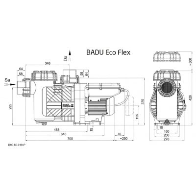 Насос BADU Eco Flex, 1~ 230 В, 0,08-2,60/0,05-2,20 кВт, синий чертеж, схема Allpools