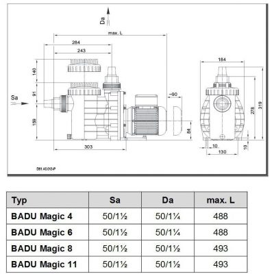 Насос BADU Magic 11 - AK, 1~, 230В/50 Гц, 0,45 кВт чертеж, схема Allpools