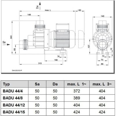 Насос BADU 44/4-AK, Dr. / 3~, 0,18 кВт, черный, 400/230 В чертеж, схема Allpools