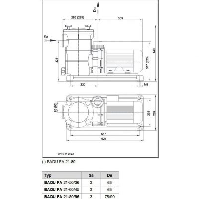 Насос BADU FA 21-80/56-AK, Dr. / 3~, 3,00 кВт, 400/230 В чертеж, схема Allpools