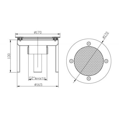 Водозабор с сетчатой крышкой д. 165 2,0" (внутр.) плитка AISI 316 чертеж, схема Allpools