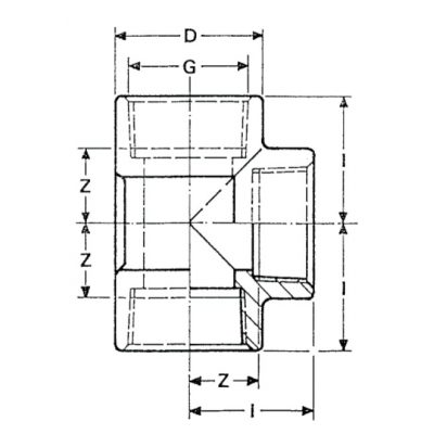 Тройник 90° ПВХ d=1/2" внутр.р. PN10 Plimat чертеж, схема Allpools