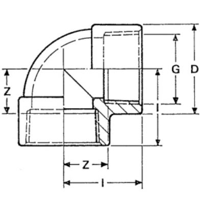 Угол 90° ПВХ d=1/2" внутр.р., с мет. кольцом PN10 Plimat чертеж, схема Allpools