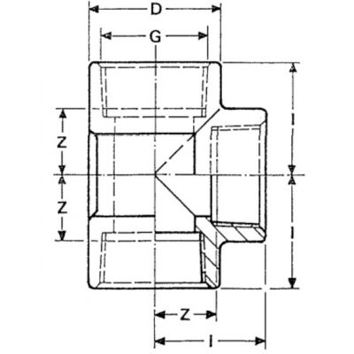 Тройник 90° ПВХ d=1/2" внутр.р., с мет. кольцом PN16 Plimat чертеж, схема Allpools