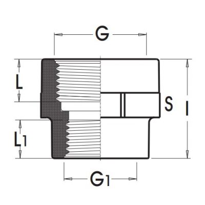 Муфта ПВХ d=3/4x1/2" внутр.р., с мет. кольцом PN10 Plimat чертеж, схема Allpools