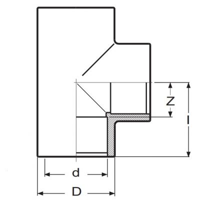 Тройник 90° ПВХ d=12 PN16 Plimat чертеж, схема Allpools