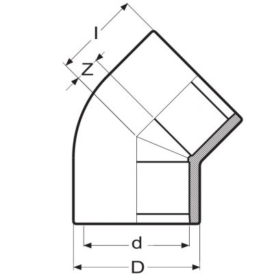 Угол 45° ПВХ d=12 PN16 Plimat чертеж, схема Allpools