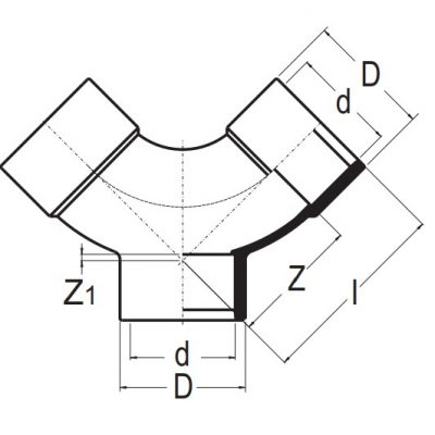 Тройник Y-изогнутый ПВХ d=50 PN10 Plimat чертеж, схема Allpools