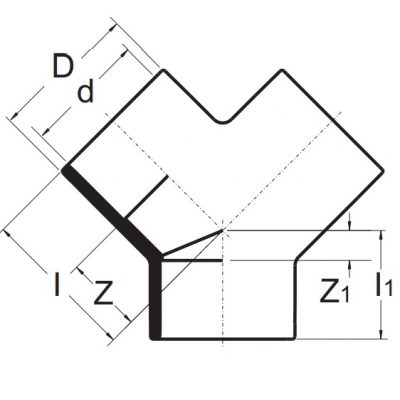 Тройник Y-изогнутый ПВХ d=50 PN16 Plimat чертеж, схема Allpools