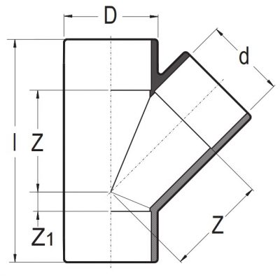 Тройник 45° ПВХ d=16 PN16 Plimat чертеж, схема Allpools