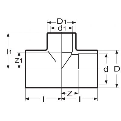 Тройник 90° ПВХ d=25x20x25 PN16 Plimat чертеж, схема Allpools