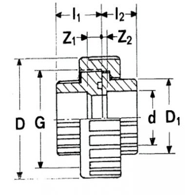 Муфта разборная ПВХ d=63 PN16 Plimat чертеж, схема Allpools