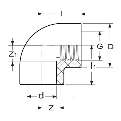 Угол 90° ПВХ d=20x1/2" внутр.р. PN10 Plimat чертеж, схема Allpools