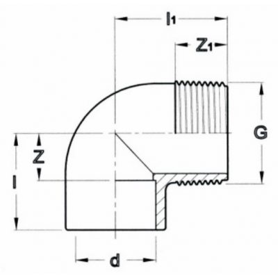 Угол 90° ПВХ d=32x3/4" нар.р. PN10 Plimat чертеж, схема Allpools