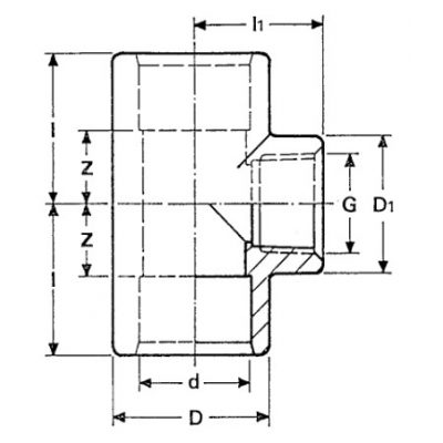 Тройник 90° ПВХ d=20x1/2" внутр.р. PN10 Plimat чертеж, схема Allpools