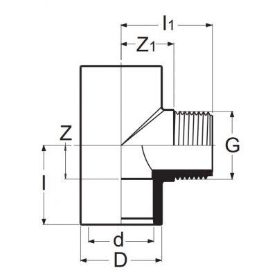 Тройник 90° ПВХ d=25x1" нар.р. PN10 Plimat чертеж, схема Allpools