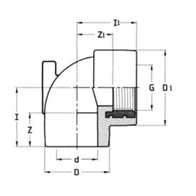 Угол 90° ПВХ d=25x3/4" с креплением и метал. резьбой PN16 Plimat чертеж, схема Allpools