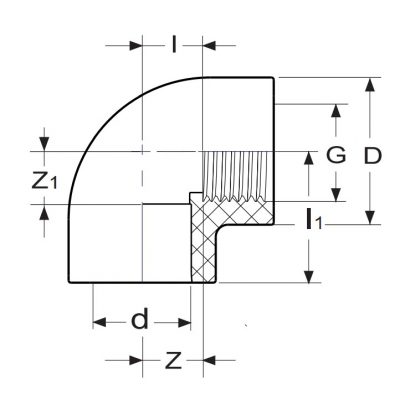 Угол 90° ПВХ d=20x1/2" внутр.р., с мет. кольцом PN16 Plimat чертеж, схема Allpools