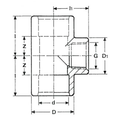 Тройник 90° ПВХ d=20х1/2 внутр.р., с мет. кольцом PN16 Plimat чертеж, схема Allpools
