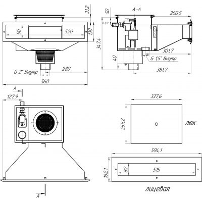 Скиммер 25 м2 с автодоливом и переливом, с узкой горловиной 500 мм, плитка (AISI 304) чертеж, схема Allpools