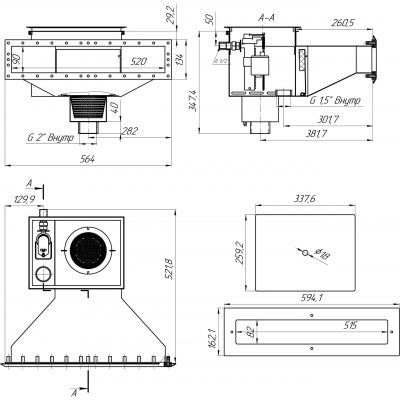 Скиммер 25 м2 с автодоливом и переливом, с узкой горловиной 500 мм, пленка (AISI 304) чертеж, схема Allpools