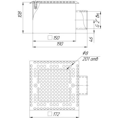 Донный слив квадратный 150х150х100 2" плитка (AISI 304) чертеж, схема Allpools