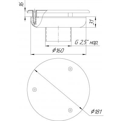 Водозабор с антивихр. крышкой Ø160х100 (наруж. 2,5") плитка (AISI 316) чертеж, схема Allpools