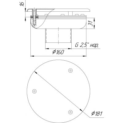 Водозабор с антивихр. крышкой Ø160х100 (наруж. 2,5") пленка (AISI 304) чертеж, схема Allpools